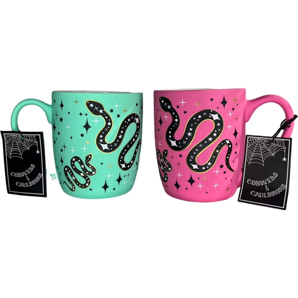 Cobwebs and Cauldrons- Pink and Mint Snake mugs